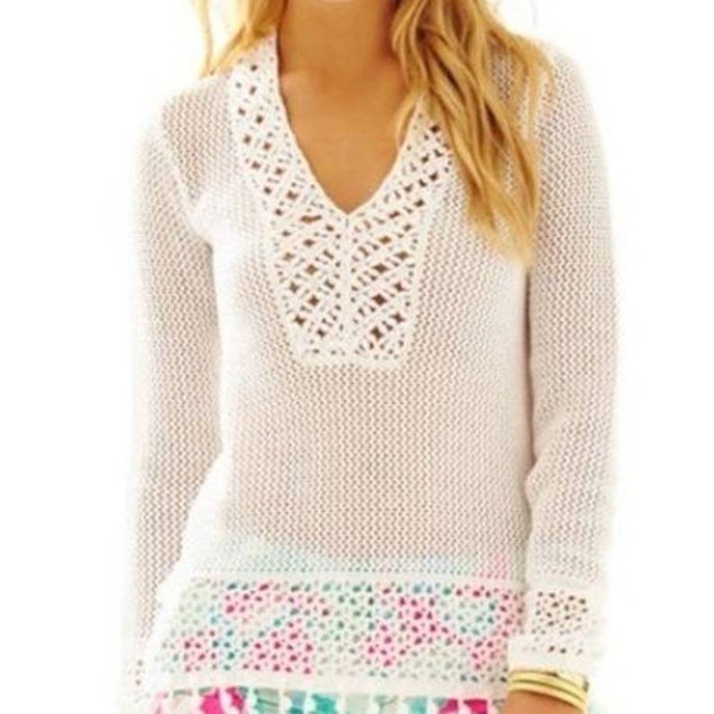 LILLY Pulitzer “Frieda” White Knit Crochet & Fringe Long Sleeve Tunic Cover-Up,S